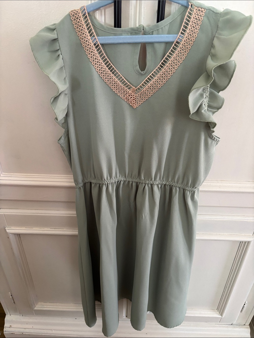 Girls Sage Green Ruffle Sleeve Dress with Embroidered V-Neck